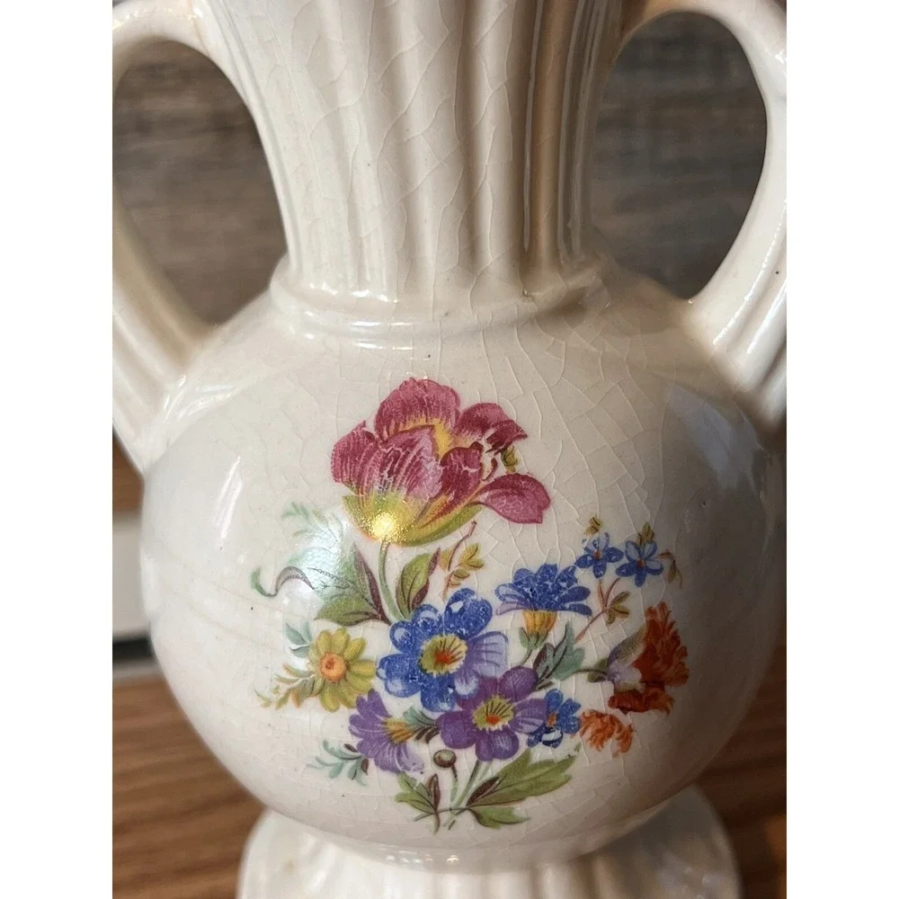 Vintage‎ Royal Copley Porcelain Vase with Vibrant Floral Design and Handles MCM